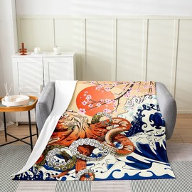 Japanese Ukiyoe Theme Flannel Fleece Throw Blanket,All Season Octopus Ocean Kraken Print Bed Blanket Japanese-Wave Floral Fuzzy Blanket for Bed Sofa Couch,Bedroom Decor Plush Blanket 40"x50"