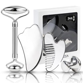 4 in 1 Stainless Steel Face Roller & Gua Sha Set Cooling Facial Massage Tools for Face, Neck & Eyes, Smooth Skincare Routine, Durable Metal Beauty Too