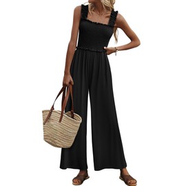 LUXVEER Women's Smocked Jumpsuits Casual Loose Sleeveless Wide Leg Long Pant Rompers Dressy One Piece Beach Vacation Outfits Black M