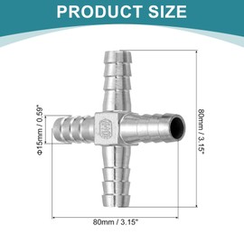 sourcing map 9/16" Cross Hose Barb Pipe Fitting, 304 Stainless Steel 4 Way Pipe Hose Pipe Fitting Adapter for Vacuum Systems, Industrial Pipe Connections, Silver