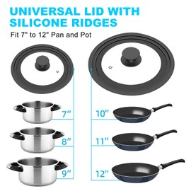 Universal Lids for Pots, Pans and Skillets, Fits 7", 8", 9", 10", 11", 12" Cookware, Universal Pan Lid and Pot Lid with Tempered Glass and Silicone Edging (2 Pack)