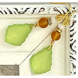 Silver White, Amber and Green Faux Frosted Sea Glass Teardrop Beach Earrings Gemstone Dangle Earrings for Women Handmade Earrings with French Hook Womens Earrings