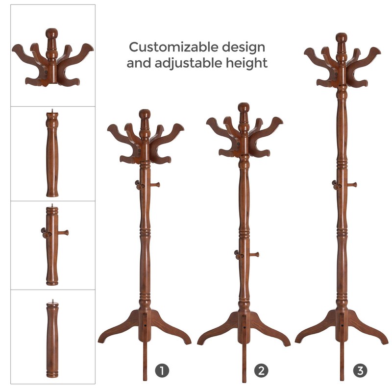 VASAGLE Coat Stand, Solid Wood Freestanding Coat Rack with 11