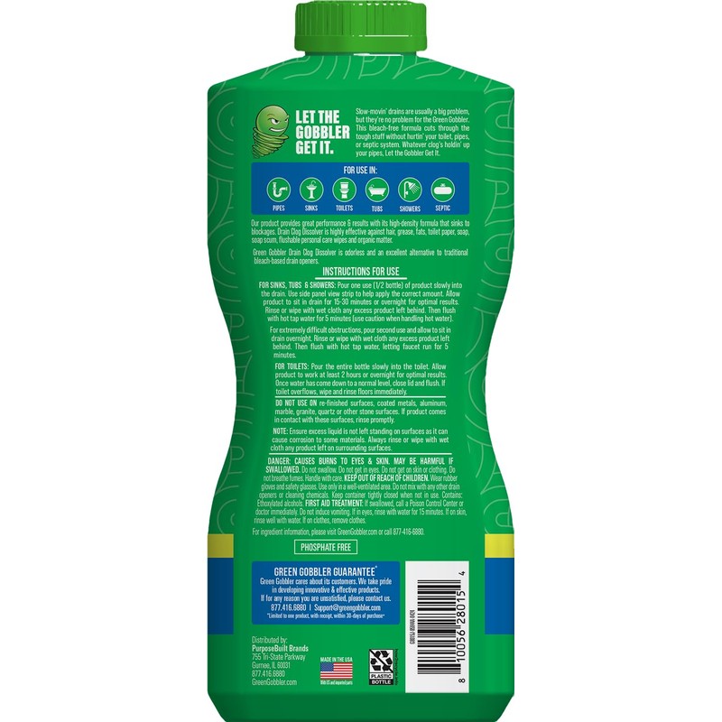 Green Gobbler Drain Clog Dissolver, Drain Opener-Cleaner ,Toilet Clog Remover,