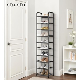 STO STO 10-Tier Narrow Shoe Rack with Sturdy Mesh Shelves, Slim Tall Metal Shoe Organizer for Entryway, Closet, Hallway, Holds 10 Pairs, Vertical Free Standing Shoe Storage Shelf, Black