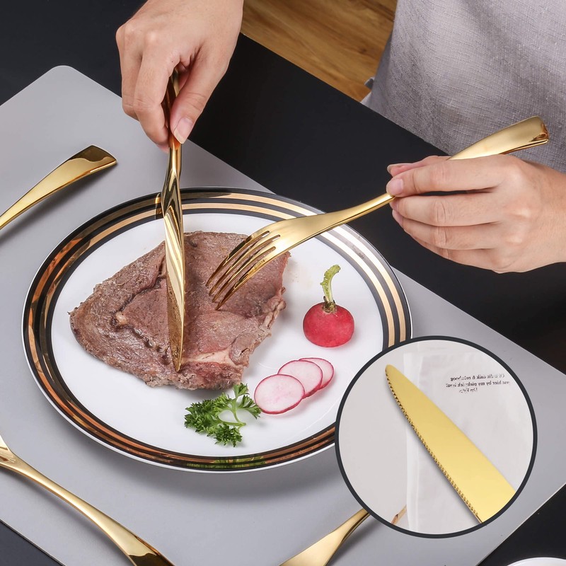 Lemeya 24 Piece Gold Silverware Set with Steak Knives,18/10 Stainless