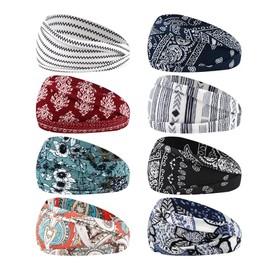 KIUEZIR Boho Headbands for Women, 8PCS Fashion Bandana headband Paisley Print Wide Hair Band for Thin Thick Hair, Non-Slip Hair Accessories for Daily Use Sport Yoga Running
