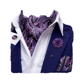 Hi-Tie Silk Ascot for Men Self Tie Men's Cravat and Flower Lapel Pin Handkerchief Cufflinks Set for Wedding Party,Purple and White