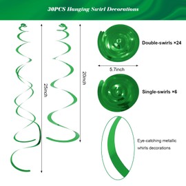 30 PCS Party Swirl Decorations Green Shinny Foil Hanging Swirl Decorations with Double-Swirls and Single-Swirls Plastic Streamer for Ceiling Plastic Metallic Streamer for Party Decorations