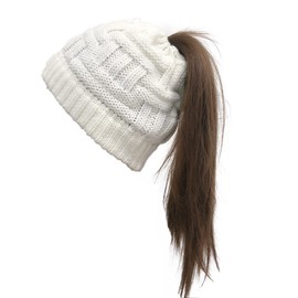 Bocianelli Womens High Messy Bun Beanie Hat with Ponytail Hole, Winter Warm Trendy Knit Ski Skull Cap Classic-White