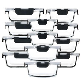 HAKEEMI 12 Pack Glass Storage Containers with Lids, Glass Meal Prep Containers Set, Airtight Food Storage Containers, Grey