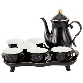 DUJUST 14 pcs Tea Set of 6 with Tea Tray & Spoons, Modern Diamond Design Tea/Coffee Cup Set with Golden Trim, Chic Porcelain Living Room Decor, Fine-china Teapot/Tea Party Set, Gift Package - Black