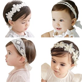 4 Pack Baby Girls Headbands Hair Bow, Headband Newborn Bow Handmade Soft, Soft Lace Bow Knot Headbands, Lace Headbands for Toddlers, Baby Girls Hair Bow