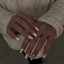 Ombre Brown Glazed Donut Press on Nails Almond, Gradient Brown Chrome Nails Press ons for Women, Thick Aurora Glue on Nails Medium Length, Reflective Mirror Acrylic Nails Light Weight & Fit Perfectly