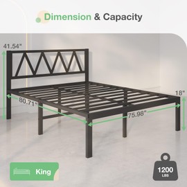 Novilla 18 Inch King Size Bed Frame with Headboard, Metal Platform Bed Frame, King Bed Frame No Box Spring Needed, Easy Assembly, Strong Wood Slats Support, Black