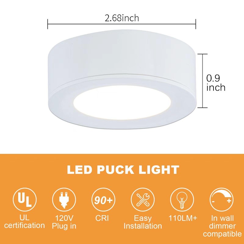 LUMILAND Wired LED Puck Lights (2.7Wx3) Plug-in Lighting Warm White