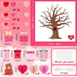 Buryeah 77 Pcs Valentine's Day Tree Bulletin Board Set 47 x 46'' Tree Background 3D Heart Honeycomb Owl Love Bulletin Board Cutouts for Valentine's Day Spring Home Classroom(Gift Boxes)