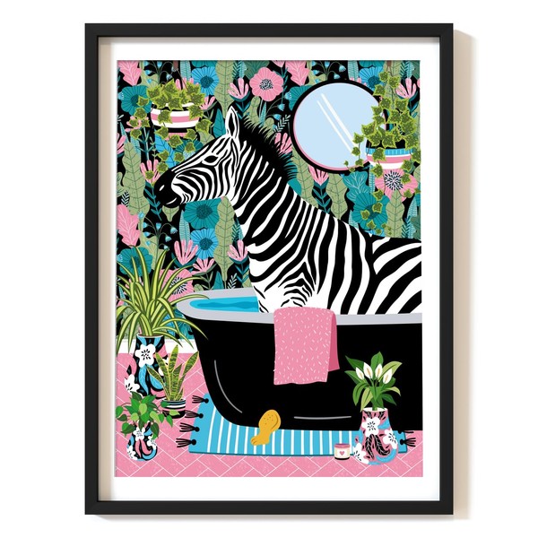 Parmaro Zebra in Bathroom Print, Zebra in Bath Print, A4