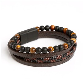 Stocking Stuffers Holiday Outfits for Women 2024 Leather Warp Bracelet for Men Mutli-layer Beaded Wrist Band Tiger Eye Braided Bracelet for Men Boys Gift (Brown)
