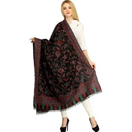 Exotic India Reversible Jamawar Shawl from Amritsar wit - Color Black And Green