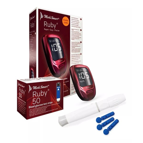 Medismart - Kabla Kit Ruby Con Glucómetro, 50 Tiras, Lancetas Y Portalancetas