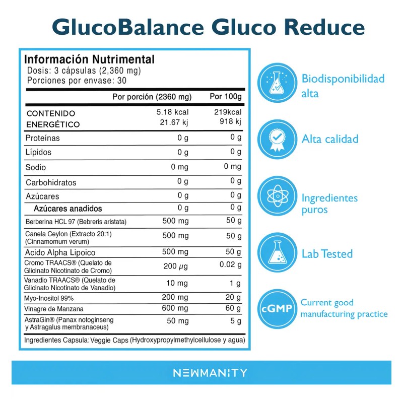 Glucobalance Glucoreduce Berberina Canela Newmanity 180 Caps Sin Sabor
