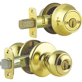 Kwikset 96950-163 Polished Brass Entry Knob With Double Cylinder Deadbolt Pack