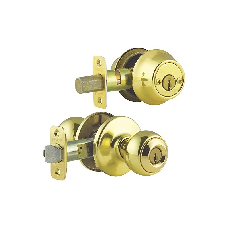 Kwikset 96950-163 Polished Brass Entry Knob With Double Cylinder Deadbolt
