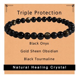 Gracayfr Black Tourmaline Obsidian Bracelet Triple Empath Protection Onyx Healing Crystals Spiritual Natural Stone Gemstone Stretch Gold Sheen
