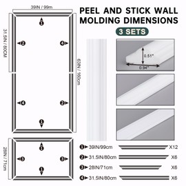 Melkus Peel and Stick Wall Molding 3 Set Pre-Cut Wainscoting Panels for Interior Wall Décor Self Adhesive Wainscoting Accent Panel(Top 63x39 in and Bottom 28x39 in) Style 2