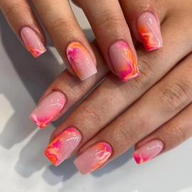 MISUD Press on Nails - Short Square Glue on Nails with Summer Ombre, Acrylic Pink Orange Design 24 pcs
