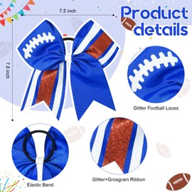 DEEKA 8 PCS Football Cheer Bows with Glitter Laces and Stripes Cheerleader Sports Team Bows Elastic Band for Cheerleading Girls (Royal Blue+Glitter White/Red)