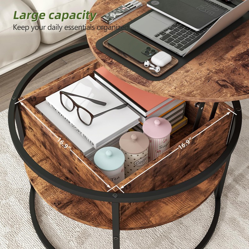 HOJINLINERO Round Lift Top Coffee Table,Coffee Tables Living Room,Black Coffee