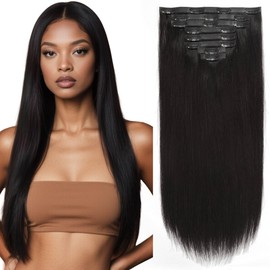 Caliee Seamless Hair Extensions Clip in Human Hair PU Skin Weft Natural Black Real Hair Not Tangled 20Inch 8Pcs Thick Remy Hair Extensions Clip ins 115G