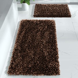 Yimobra Bathroom Rugs Sets 2 Piece, Luxury Extra Thick Bath Mats for Laundry Room Floor, Shaggy Fluffy Chenille Bathroom Rug Set, Soft Comfortable, Non-Slip, Machine Wash, Absorbent Water, Brown