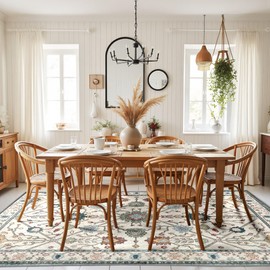 Boho Vintage Floral Area Rug 8x10 Green White, Machine Washable Low Pile Faux Wool Rug, Soft Non-Slip Durable Carpet for Living Room, Bedroom, Office, Entryway