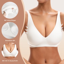INNERSY Women's Bra Without Underwire Seamless Bra V-Neck Comfortable Classic Bra with Bra Extension, White, XXL