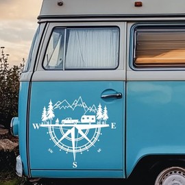 Adventure Camper Car Decal – 18.5x15.7 Inch Large Vinyl Sticker with Compass, Forest, SUV & Travel Trailer – Outdoor Camping RV Decor for Car Window, Truck or Van (wll059-white)