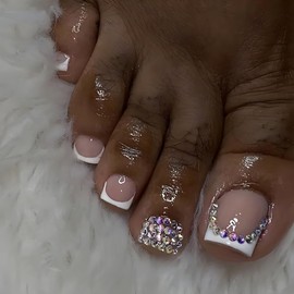 French Tip Toe Nails Press On French Press On Toenails with Rhinestone Designs Short Fake Toe Nails Acrylic Toenails Press Ons Summer Toe Press On Nails Full Cover Stick Glue On Toenails For Women