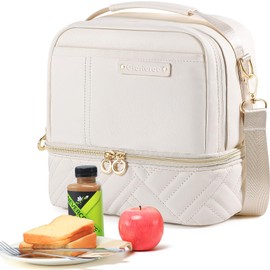 Double Deck Lunch Box Bag Women - Vegan Leather Insulated Waterproof Leakproof Cooler for Work Travel Picnics - Teacher Mothers Day Christmas Birthday Gifts