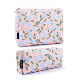 MAANGE 2 Pcs Makeup Bag Portable Travel Cosmetic Bag Large Makeup Bag and Makeup Brush Bag with Zipper Waterproof Make Up Bags for Women (Pink Plants)