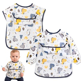 GGUFAY Dinosaur Bibs Baby Bibs with Sleeves, with Large Pocket, Waterproof & Dirt-Resistant, Sleeve Bibs for 6-36 Months Babies & Toddlers for Food Crafts Painting Art, Pack of 2
