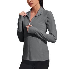 COOrun UPF 50+ Golf Jackets for Women Breathable Full Zip Running Shirts Summer Quick Dry Sports Jackets with Zip Pockets Deep Grey XX-Large