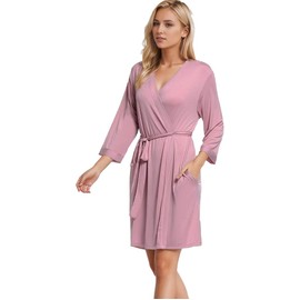 Joyaria Women's Lightweight Sauna Bathrobe Short Sauna Robe Kimono Robe House Coat Sleepwear Bamboo V-Neck 3/4 Sleeves S-XXL, Rose (dusty rose)