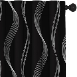 Deconovo Blackout Back Tab Curtains with Geometric Pattern, Room Darkening, Heat Blocking, Energy Saving Drapes for Bedroom, Living Room, 2 Panels, Black, 42W x 63L Inch, Wave Stripe
