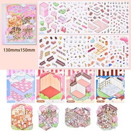 DIY 3D Mini Pink Vintage House Scene Stickers Book with Tweezers Make Your Own Lantern Coffee Shop Tea Room Sticker Scenes Cute Fun Micro Animal Stickers for Relief Stress Pass The Time(4 Designs)