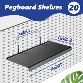 PEKGRIL 10x4.3 Inch Pegboard Shelves Set of 20, Metal Peg Board Shelves Accessories, Flat Display Shelves for Pegboard, Metal Retail Display for Storage and Organization, Black