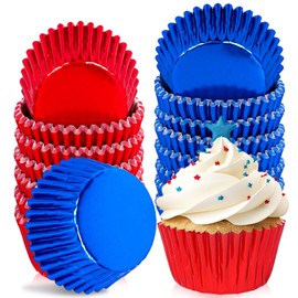 JarThenaAMCS 200Pcs Red Blue Foil Cupcake Liners July 4th Patriotic Foil Metallic Baking Cups Independence Day Cupcake Wrappers Muffin Liners for Memorial Day Veterans Day Party Supplies