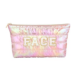 Hiroyuki Iridescent Quilted Makeup Bag, Extra Large Cosmetic Bag, Large Capacity Cute Makeup Pouch (Face, pink2)