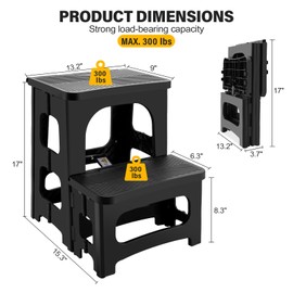 Folding 2-Step Stool for Adults, Non-Slip Collapsible Footstool for Kids Toddlers, Portable Bedside Step Stool, Hold up to 300 lbs, Lightweight & Foldable Step Ladder for Kitchen Toilet Office Home RV